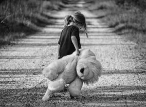 Backview of Girl Holding Plush Toy while walkingon Dirt Road
